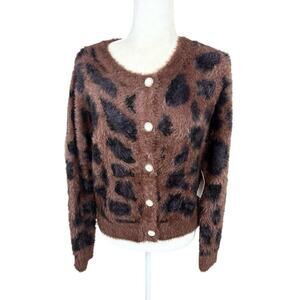 Threaded Leaf Cardigan Womens Size M Brown Leopard Print Fuzzy Cozy‎ Sweater New